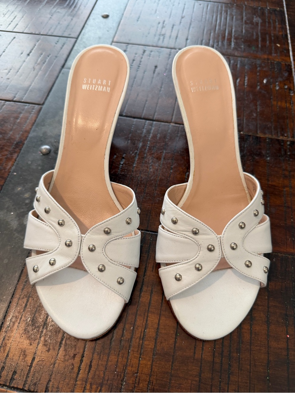 Stuart Weitzman White Studded Leather Slide Mules